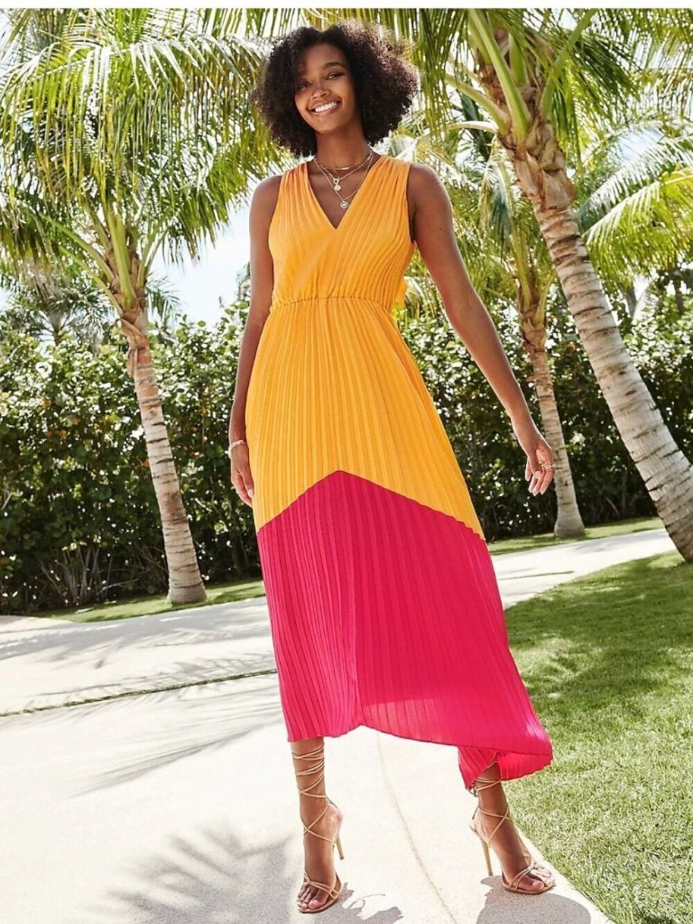 Express Orange Pink Colorblock Pleated Midi Dress Size S NWT